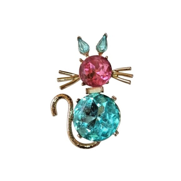 Jewelry - Vintage Rhinestone Kitty Cat Pin Brooch Aqua Pink Goldtone Body